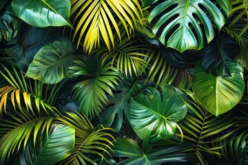 Vibrant tropical green leaves background featuring various types of lush foliage, perfect for nature or botanical themed designs and projects.