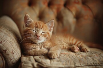 A ginger kitten is peacefully asleep on a cozy, tufted couch cushion