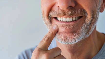 smiling man pointing to corner of her mouth, copy space. Dental care. Dentistry concept.