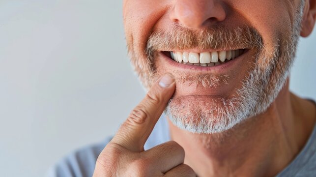smiling man pointing to corner of her mouth, copy space. Dental care. Dentistry concept.
