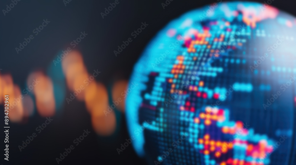 Poster blurred digital globe with colorful illuminated dots representing global connectivity and big data t