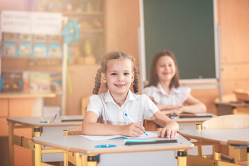 Fototapeta premium A cute girl sits in a classroom at a table with notebooks and textbooks. The student writes in a notebook. Back to school. School supplies. Student at a lesson, class during a lesson. 