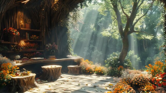 A cozy study area nestled within a lush green forest, bathed in warm sunlight streaming through the canopy.