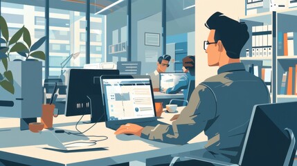 Office man assisting a coworker at their desk, office mentorship, support and teamwork