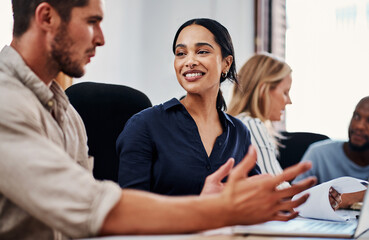 Office, ideas and business people in meeting with paperwork for project development, growth or planning. Discussion, workshop and team in conference room with collaboration, proposal and documents.