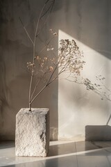 Dried Flowers in a Stone Vase Against a White Wall