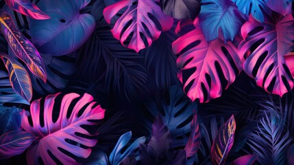 Neon tropical foliage on black banner