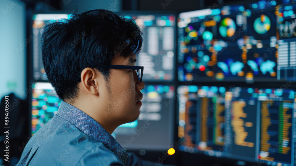 Poster of an individual analyzing data on multiple computer screens in a modern office setting, focusing on