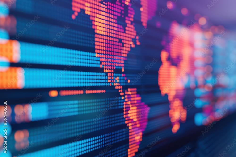Poster abstract digital map of the americas with glowing dots and vivid colors representing data visualizat