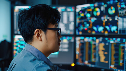  of an individual analyzing data on multiple computer screens in a modern office setting, focusing on charts and analytics.