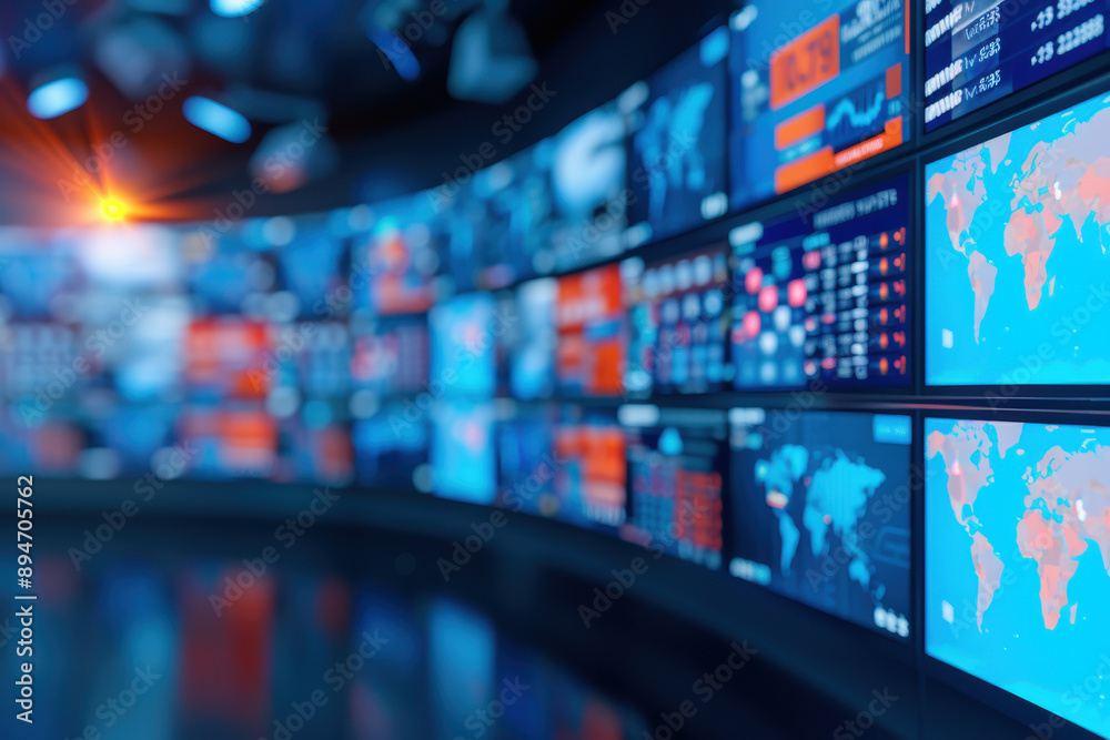 Poster modern financial technology background with multiple digital screens displaying global market data a