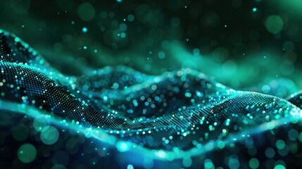 Abstract digital landscape with glowing particles. Futuristic cyber network, data visualization, technology background. Green and blue color scheme.