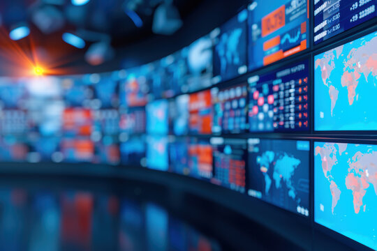 Modern financial technology background with multiple digital screens displaying global market data and analytics in dynamic control room.