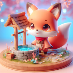 Chibi Fox with a Wishing Well