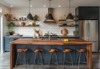 Minimalist kitchen with white subway tiles, dark blue cabinets, wood countertop, stainless steel appliances, pendant lights above island, modern style, high resolution close-up photography with natura