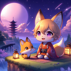 Chibi Fox in a Night Meadow