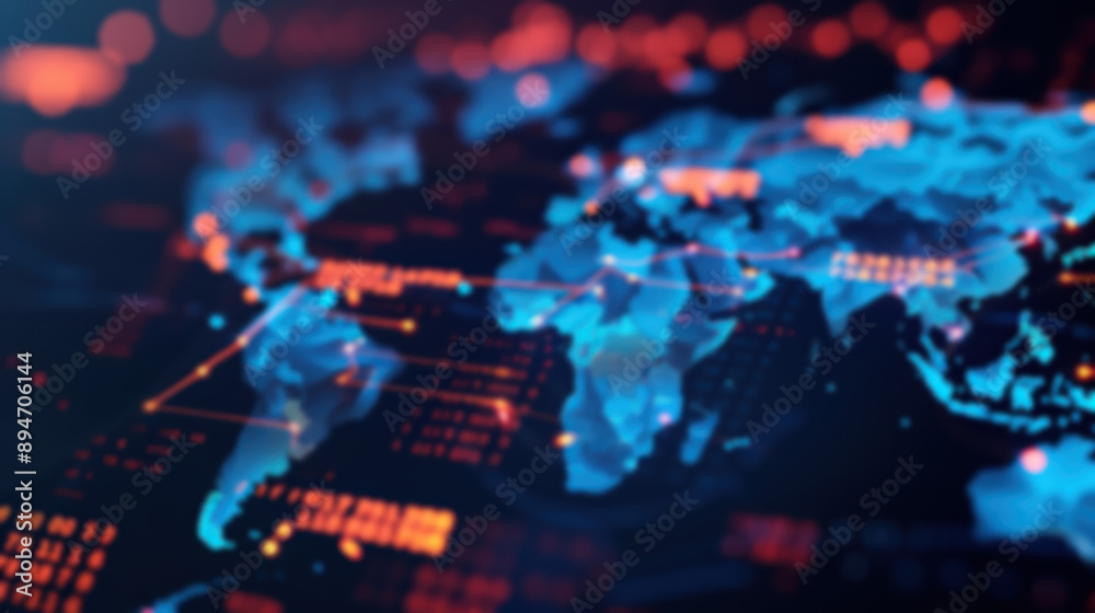 Poster a digital world map with glowing points and lines representing global connectivity and data exchange