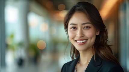 Obraz premium Portrait of a smiling businesswoman in a modern office setting, radiating confidence and professionalism.