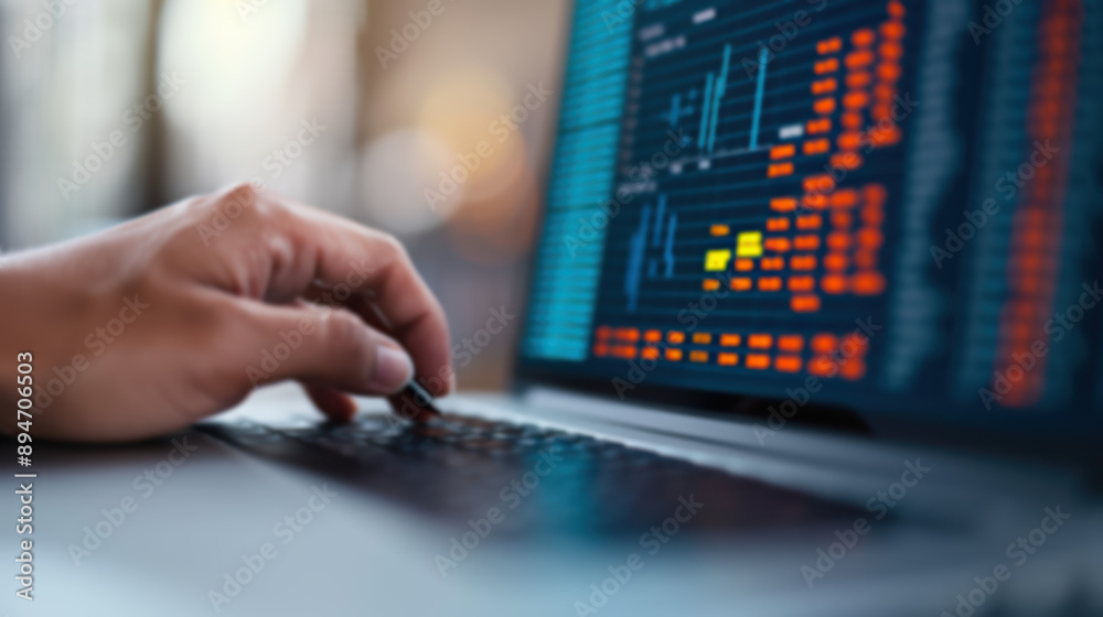 Poster close-up of person using a laptop with code and data charts on the screen, symbolizing technology an