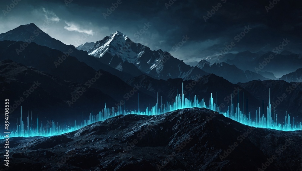 Wall mural advanced mountain background with glowing tech elements. binary lighting landscape wallpaper. high c