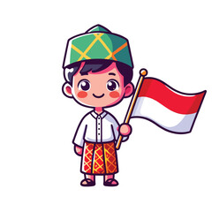 cartoon of an adorable Indonesian child holding the Indonesian flag