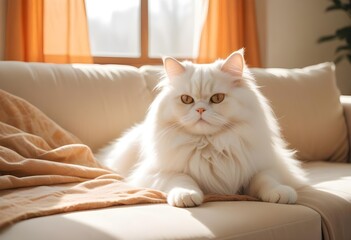 A beautiful, peacefully resting white kitten on a couch in the living room. A close-up of the lovely cat
