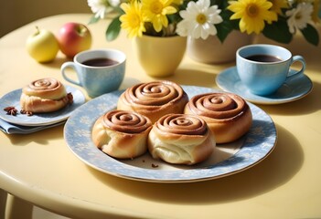 A fresh breakfast served in a restaurant or hotel on vacation. Breakfast includes fruits, coffee, and pastries