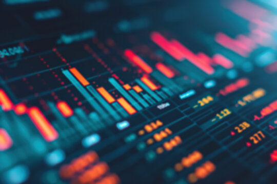 Blurry image of a financial stock market chart with colorful bars showing data trends and analysis in a digital interface.