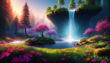 Obraz premium Waterfall images, landscape with a waterfall, Masical landscape, fantasy landscape, spring background, waterfall fantasy landscape with a magical atmosphere, trees and featuring lush green grass