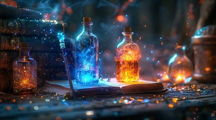 Two glowing potions rest on a book amid glitter, with a wand nearby and books stacked in the background