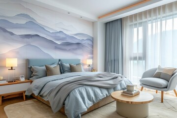 Mint and gray bedroom featuring pastel blue bed, white wall with abstract light purple mountains mural, grey armchair by wooden table near window, beige carpet, books, and lamp on coffee table.