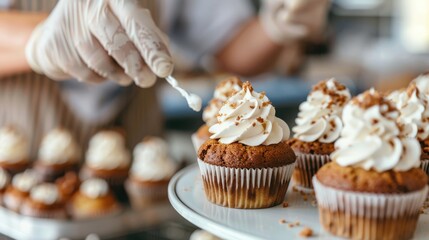 A baker with gloved hands adds the final touches to beautifully frosted cupcakes, showcasing meticulous craftsmanship and attention to detail in a modern bakery.