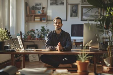Fototapeta premium Office man sitting crosslegged on his desk, office relaxation, unconventional and informal