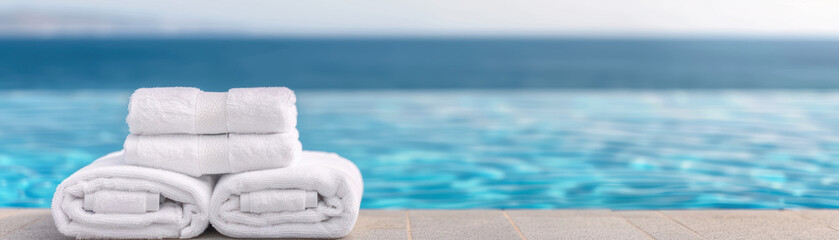 Obraz premium Stack of white towels by a tranquil pool overlooking a serene ocean view, perfect for relaxation and vacation settings.