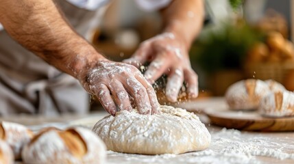 Fototapeta premium A close-up of a man's hands kneading dough on a floured work surface, showcasing the artisanal process of bread making in a rustic, authentic bakery environment.