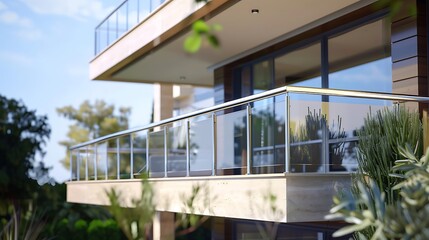 Fototapeta premium Balcony front view of modern stainless steel railing with glass panel and landscape