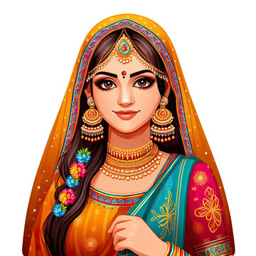 recommend clip art: 2D illustration of Indian bride girl wearing traditional dress, Woman in colorful sari and jewellery, clip art cartoon sticker icon concept isolated on transparent background
