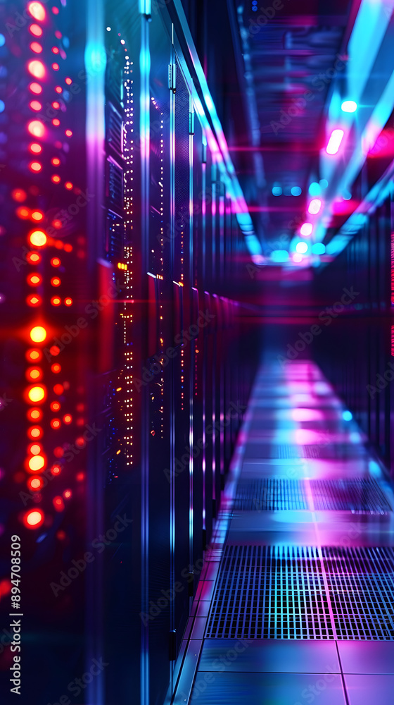 Poster data center background abstract, storage of databases in terminal, server room with hardware, system