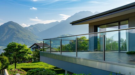 Fototapeta premium Balcony front view of modern stainless steel railing with glass panel and landscape