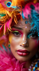 Naklejka premium Feathers of Fantasy: A vibrant portrait of a woman adorned in a kaleidoscope of peacock feathers and sparkling jewels, her captivating gaze reflecting the magic of carnival. 