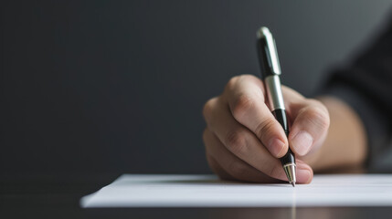 Close-up of a hand holding a pen writing on a piece of paper against a black background, emphasizing focus, creativity, and study.