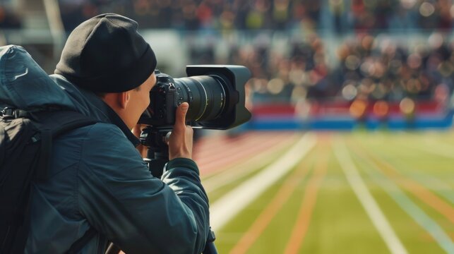 A photographer wearing a black hat and a backpack stands on the sideline of a sporting event, focused on capturing the action with a camera.