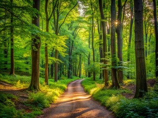 Obraz premium Serene winding dirt path surrounded by lush green foliage and towering trees stretches into the distance in a tranquil forest landscape.