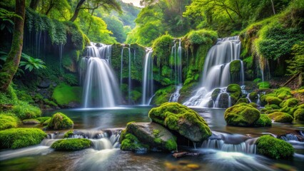 Fototapeta premium Serenene cascading waterfalls surrounded by dense lush green foliage and moss-covered rocks, creating a tranquil and refreshing atmosphere in a secluded paradise.