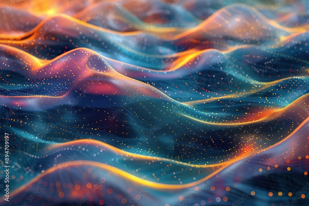 Poster abstract digital waveforms in vibrant colors creating a futuristic and dynamic visual pattern with g