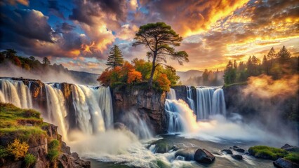 Majestic waterfall cascades down a rocky cliff, surrounded by eerie mist and vibrant colors, amidst a dramatic, dreamlike landscape of swirling clouds and ancient trees.