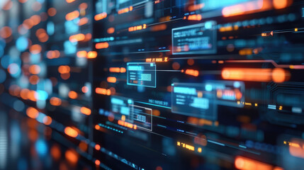 High-tech digital interface screen with glowing data, futuristic virtual display, cyber technology concept.