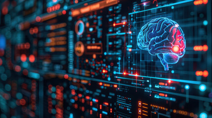 Fototapeta premium Futuristic digital interface with a of a brain, representing artificial intelligence and innovative technology in a high-tech environment.
