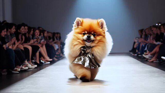 puppy parades on the catwalk, fashion show. Generative Ai