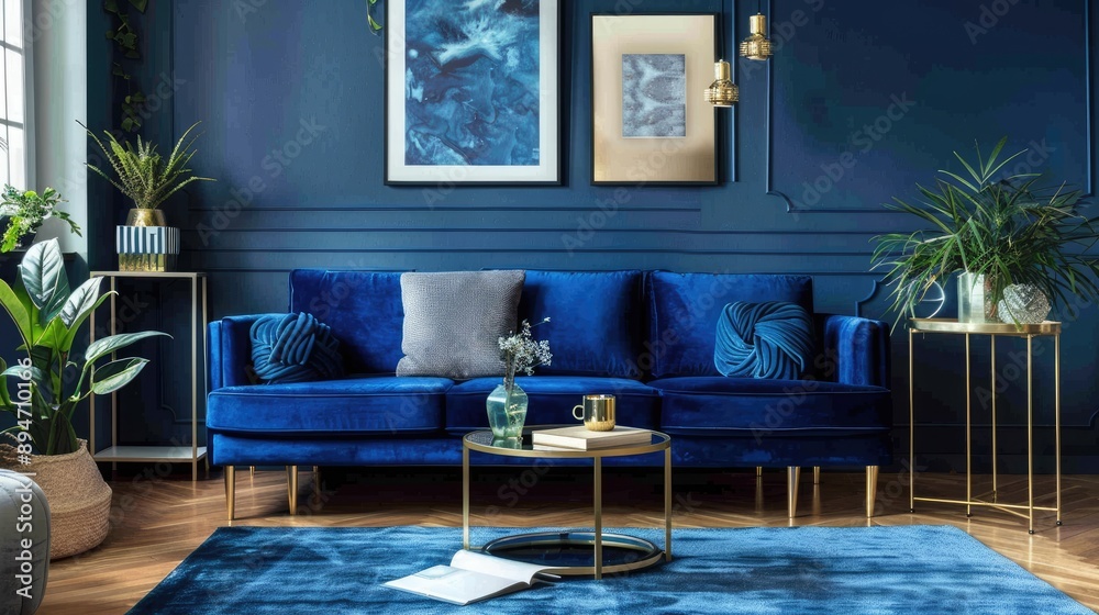 Wall mural stylish blue velvet sofa in contemporary living room with gold table, plants, and accessories agains